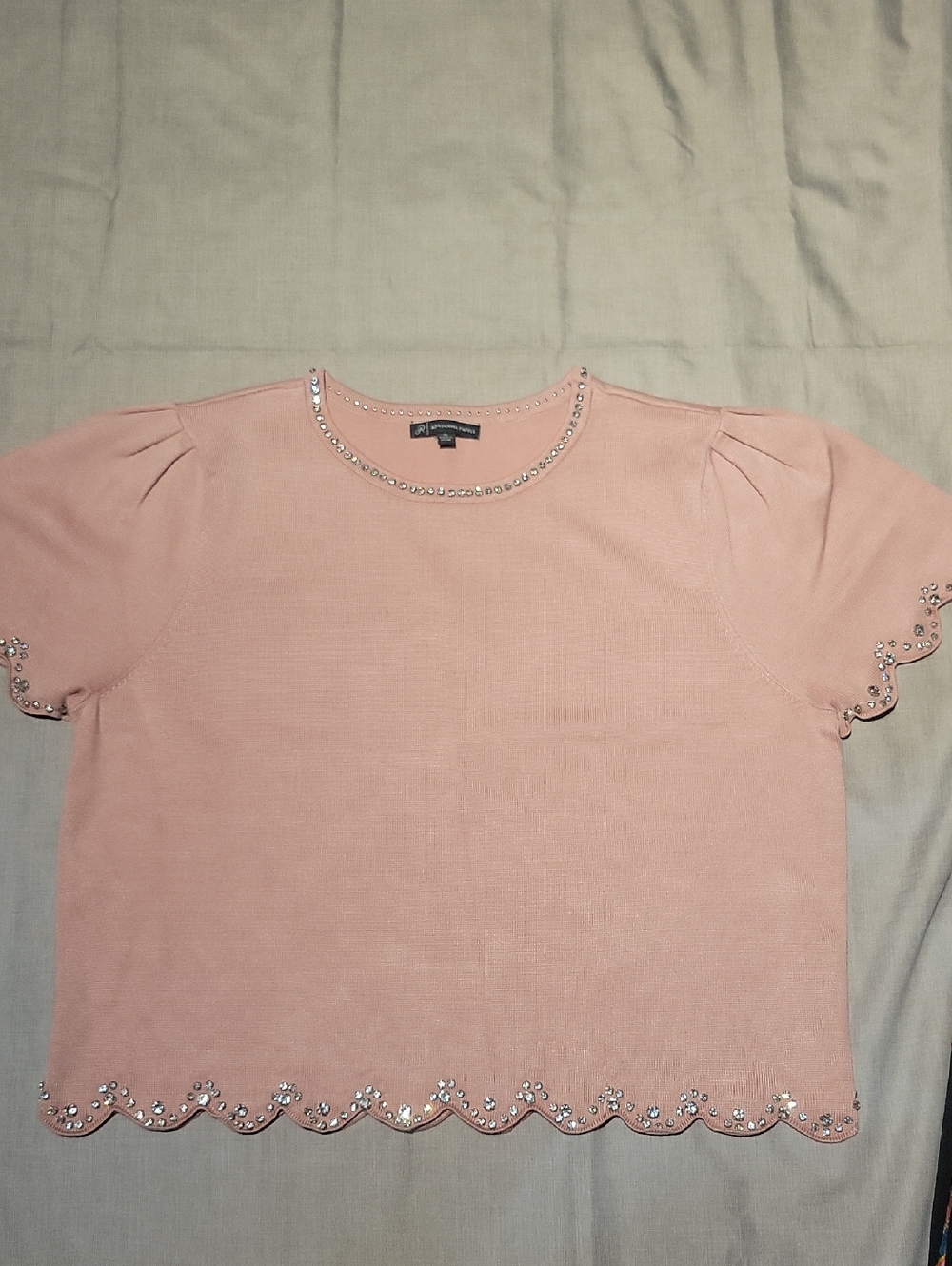 Adrianna Papell Blush Pink Scallop Hem Short Sleeve Top with Crystal Trim